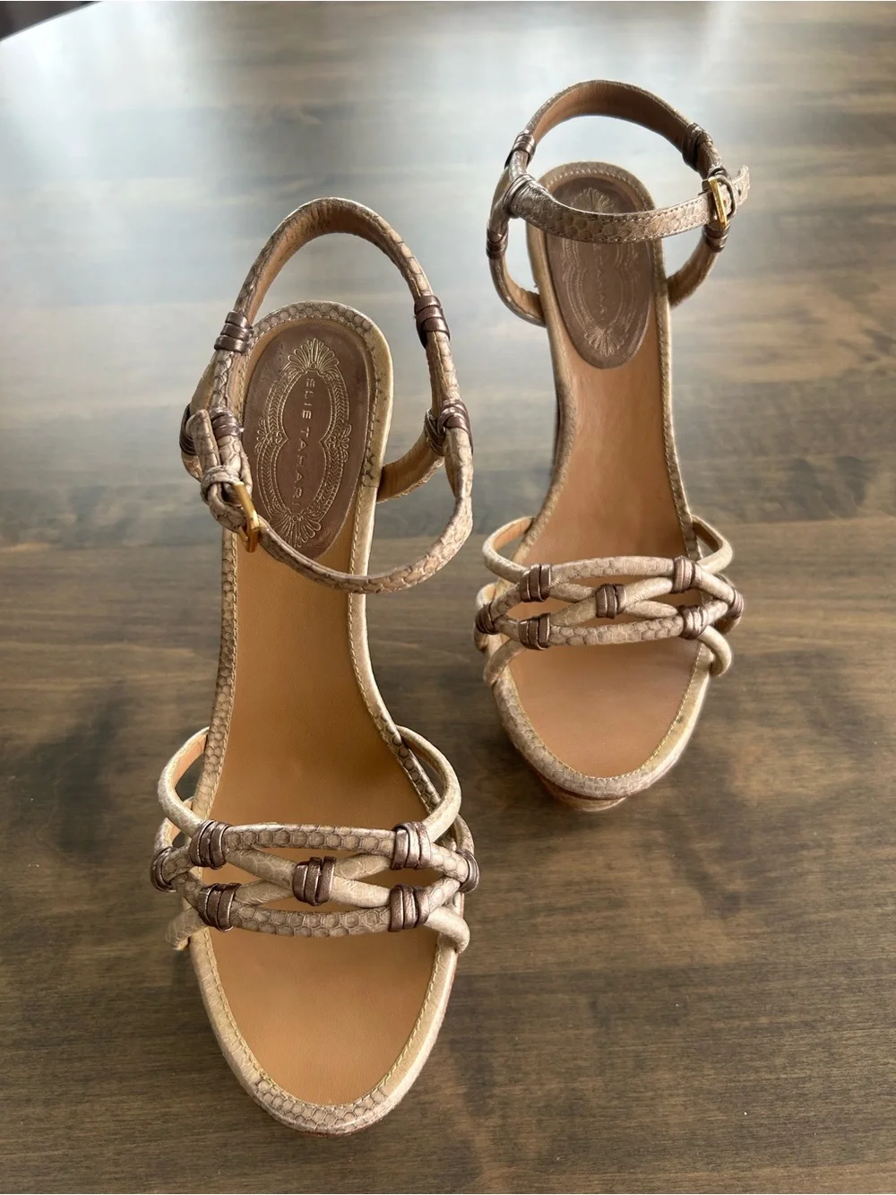 Elie Tahari Beige Braided Ankle-Strap Heels